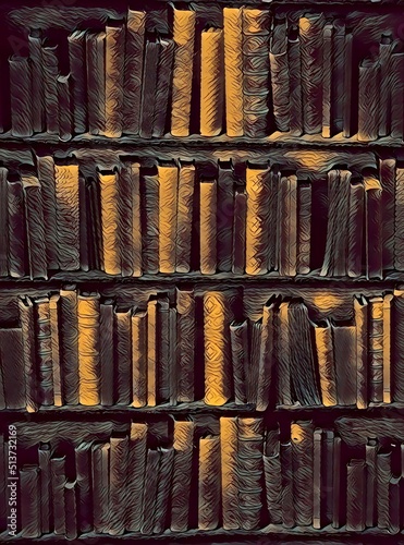 patterns and design inspired by many real paper books with leather covers in an ancient library