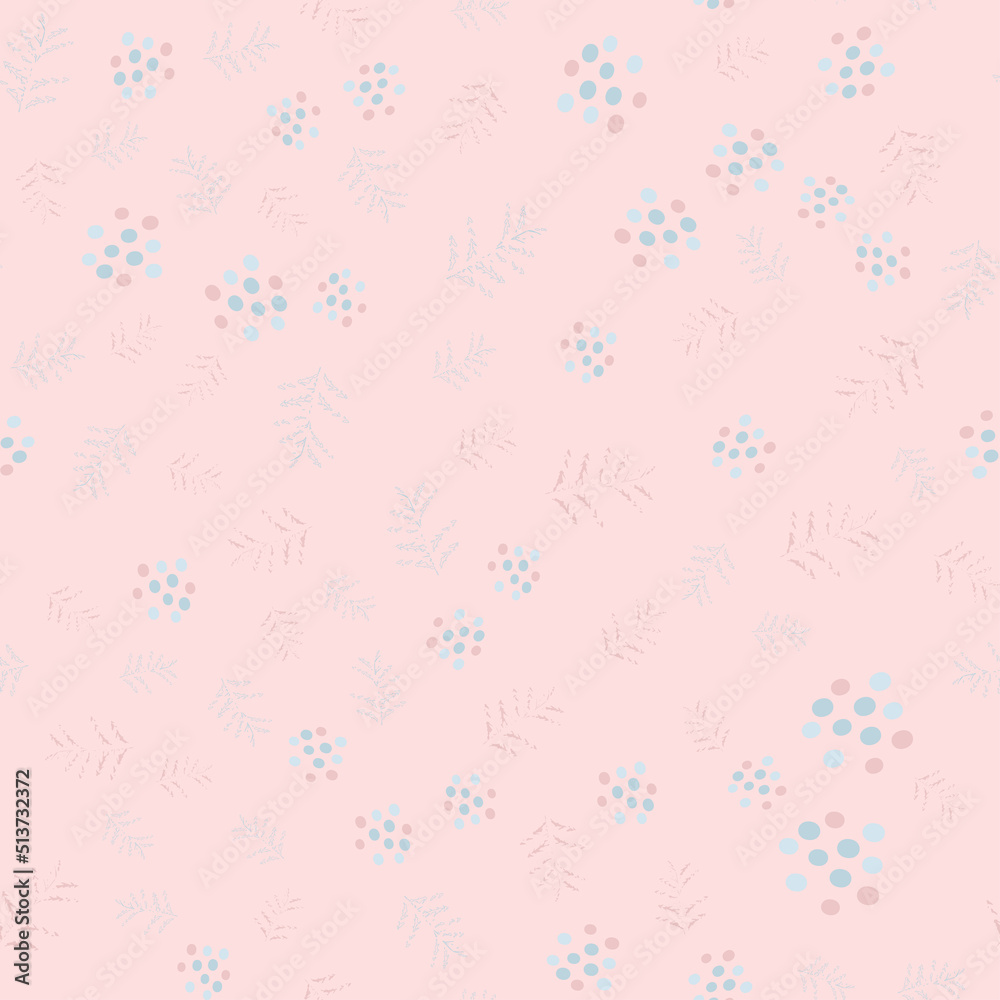 Seamless vector pattern with twigs and circles in blue and pink. Plant texture in pastel colors. Print for bed linen, tablecloth, summer clothes, wrapping paper, packaging, package Seamless vector pattern with twigs and circles in blue and pink. Plant texture in pastel colors. Print for bed linen, tablecloth, summer clothes, wrapping paper, packaging, package