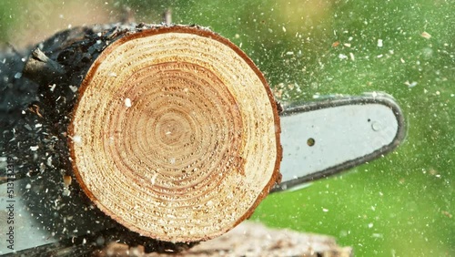 Super slow motion of chainsaw cutting the wooden log. Filmed on high speed cinema camera, 1000 fps. photo