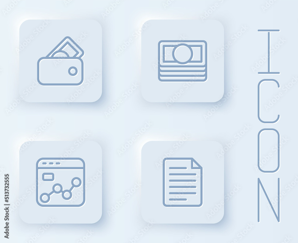 Set line Wallet with money, Stacks paper cash, Market analysis and File document. White square button. Vector Set line Wallet with money, Stacks paper cash, Market analysis and File document. White square button. Vector