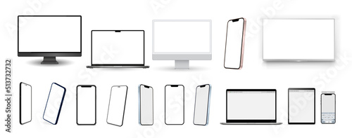 Set mockups of technology devices with empty display, device screen mockup collection, big realistic set mock up TV, computer, laptop, tablet, smartphone and watch with shadow.
