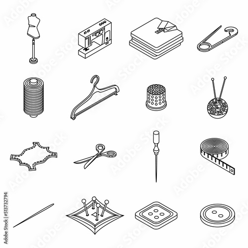 Clothing repair icons set. Isometric set of clothing repair vector icons thin line outline on white isolated