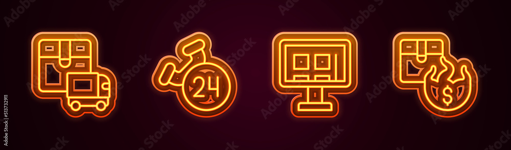 Set line Delivery cargo truck, Telephone 24 hours support, Online shopping screen and Hot price. Glowing neon icon. Vector Set line Delivery cargo truck, Telephone 24 hours support, Online shopping screen and Hot price. Glowing neon icon. Vector