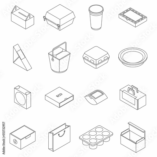 Eco packaging icons set. Isometric set of eco packaging vector icons thin line outline on white isolated