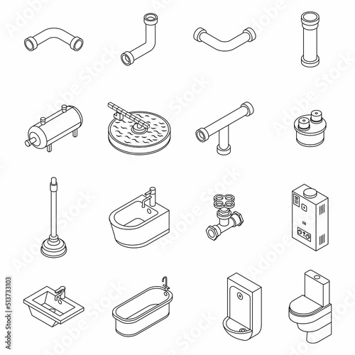Sewerage icons set. Isometric set of sewerage vector icons thin line outline on white isolated