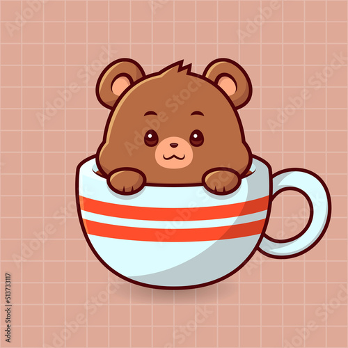 Cute Bear on a coffee mug isolated cartoon animal illustration flat style sticker icon Vector