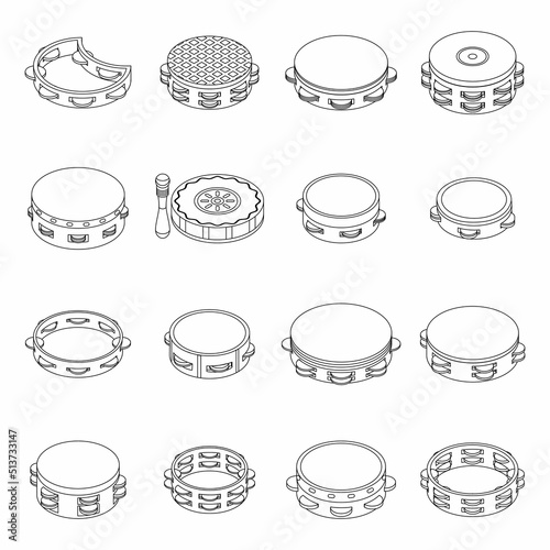Tambourine icons set. Isometric set of tambourine vector icons thin line outline on white isolated