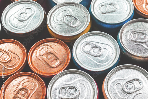 Group of aluminium cans, cold drink. Top view.