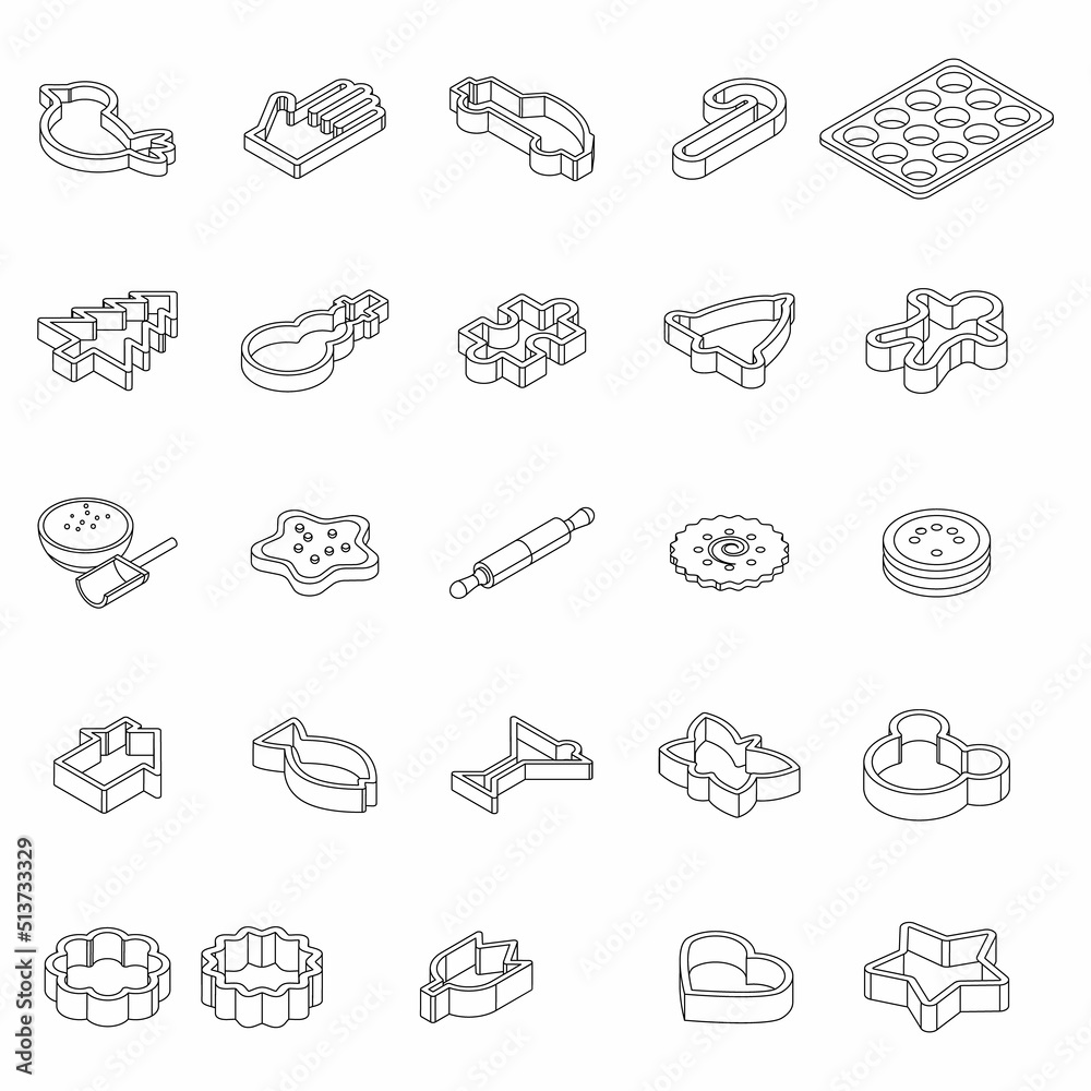 Cookie molds icons set. Isometric set of cookie molds vector icons thin line outline on white isolated