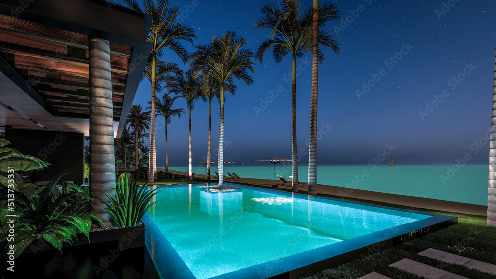 3d rendering of modern cozy house with parking and pool for sale or rent with wood plank facade by the sea or ocean. Starlight night by the azure coast with palm trees and flowers in tropical island
