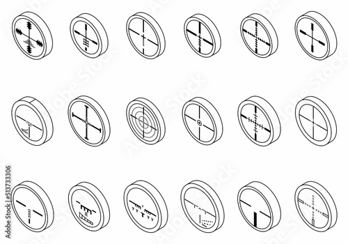 Telescopic sight icons set. Isometric set of telescopic sight vector icons thin line outline on white isolated photo