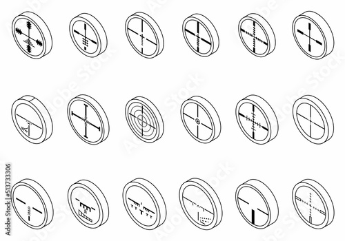 Telescopic sight icons set. Isometric set of telescopic sight vector icons thin line outline on white isolated