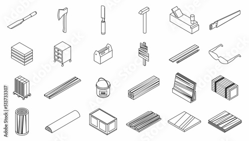 Plywood icons set. Isometric set of plywood vector icons thin line outline on white isolated