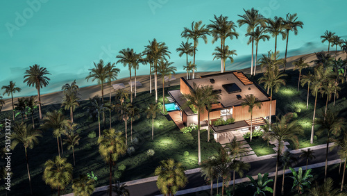 3d rendering of modern cozy house with parking and pool for sale or rent with wood plank facade by the sea or ocean. Starlight night by the azure coast with palm trees and flowers in tropical island