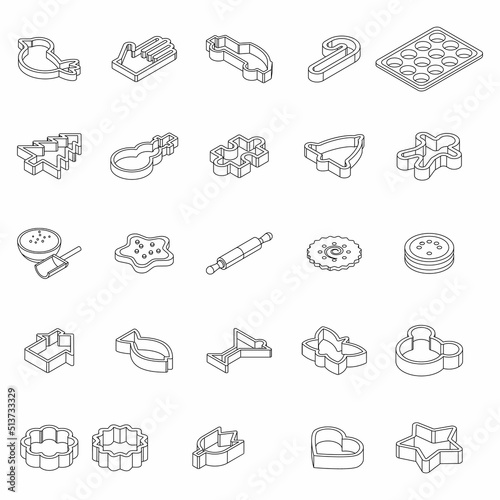 Cookie molds icons set. Isometric set of cookie molds vector icons thin line outline on white isolated
