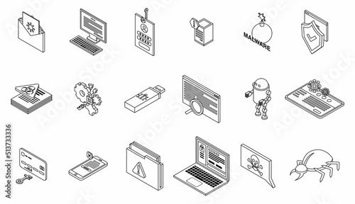 Malware icons set. Isometric set of malware vector icons thin line outline on white isolated
