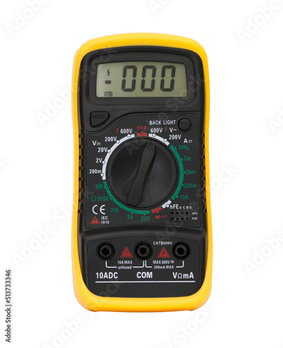 Black, yellow multimeter isolated on white background