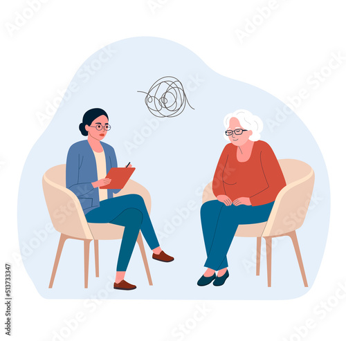 Sad elderly woman talking with psychologist on the chairs. Vector flat style illustration