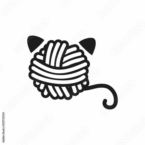 Vector emblem of yarn in the form of a cat. Logo with a ball of yarn. Black and white wool. Comfort, handmade, warm, winter, autumn.