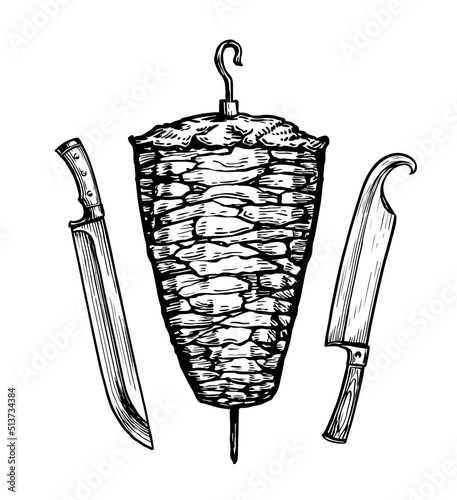 Shawarma meat on skewer isolated on white background. Kebab vector hand drawn illustration in sketch style