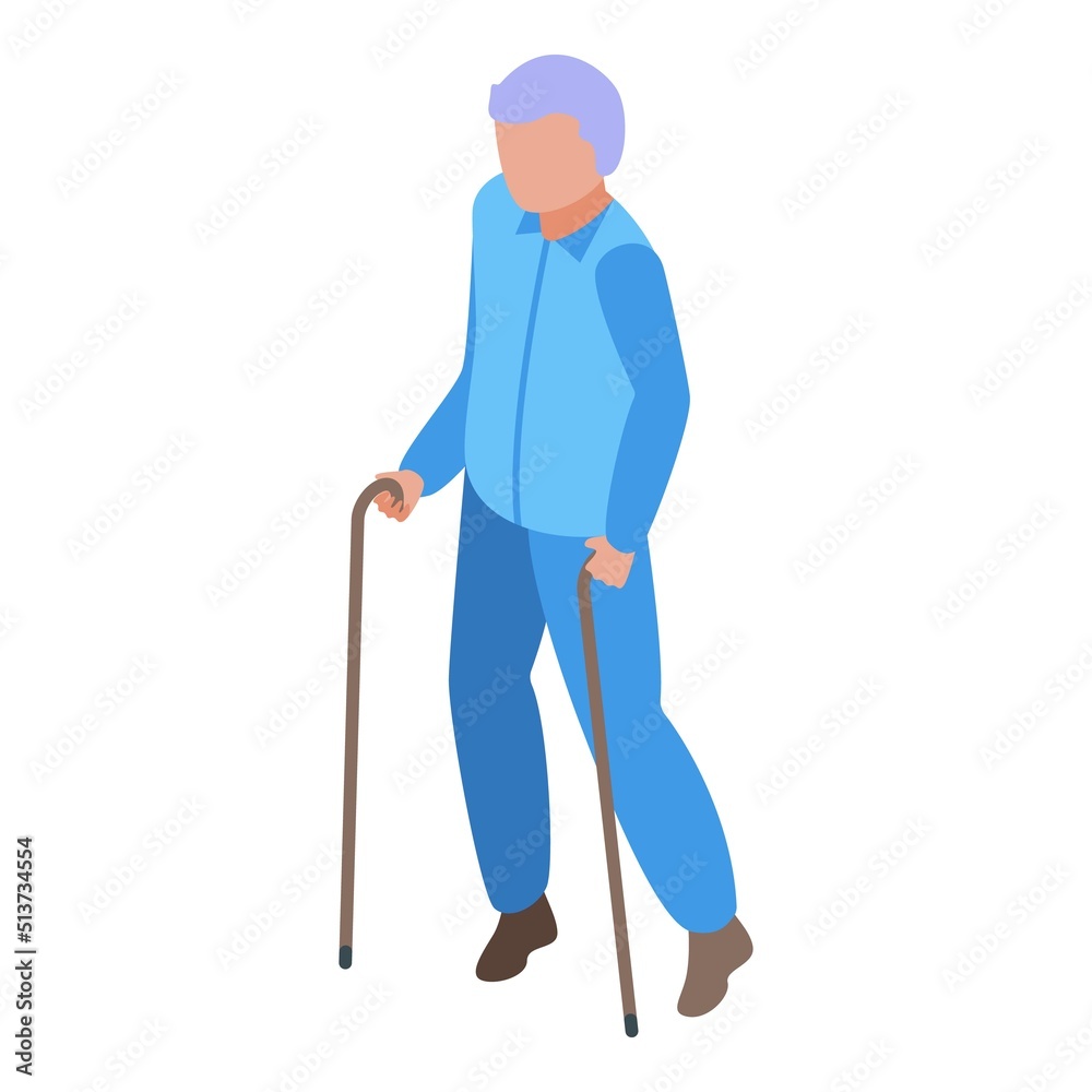 Senior walking stick icon isometric vector. Nurse care. Old patient Senior walking stick icon isometric vector. Nurse care. Old patient