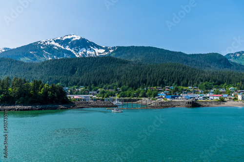 A view along the shoreline in the Gastineau Channel towards the marina in Juneau, Alaska in summertime