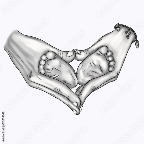 Pencil drawing of parents hands holding a baby legs. Hand drawn illustration of woman and man hands holding baby feet. Protection symbol. Heart shape made with hands. Isolated on white background.