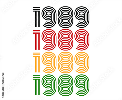 Year 1989 retro font. Vector with year for birthday in black, red, orange and green.