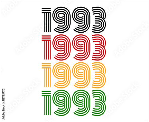 Year 1993 retro font. Vector with year for birthday in black, red, orange and green.