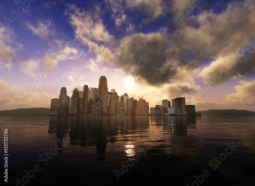 City over water in the rays of the setting sun  skyscrapers over water in the evening  3d rendering