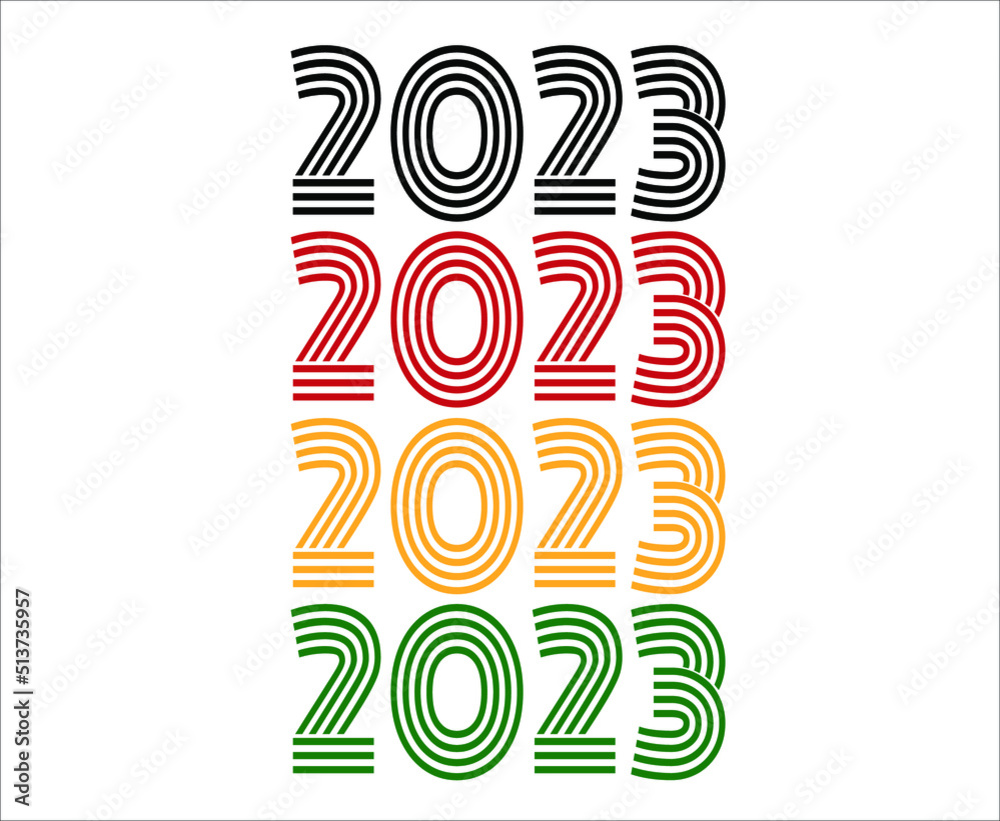 Year 2023 retro font. Vector with year for birthday in black, red, orange and green. Year 2023 retro font. Vector with year for birthday in black, red, orange and green.