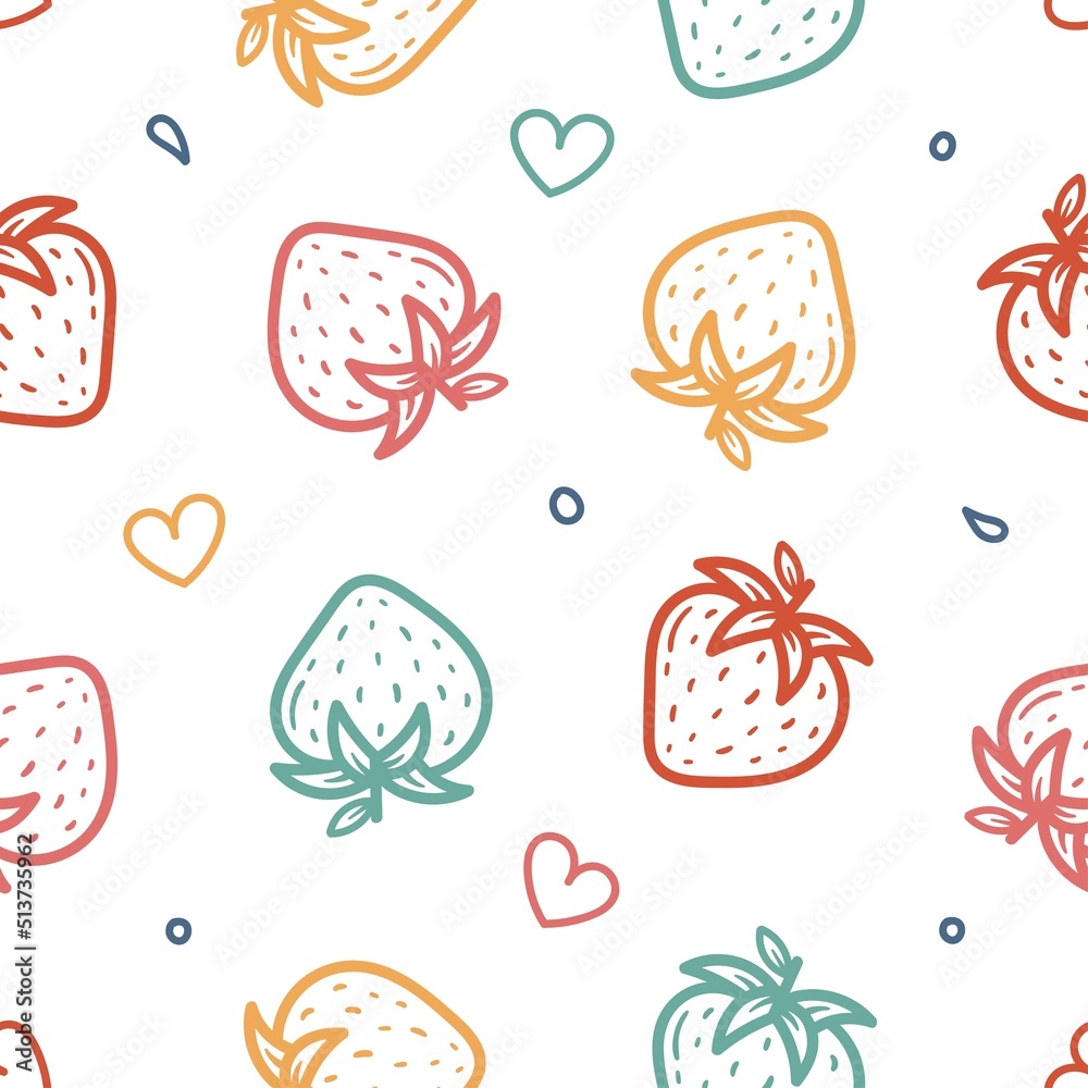 seamless cute doodle pattern of colorful strawberries and hearts vector illustration seamless cute doodle pattern of colorful strawberries and hearts vector illustration