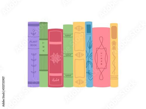 Vertical standing vintage books in colorful cover. Hand drawn vector illustration isolated on white background. Modern flat cartoon style.