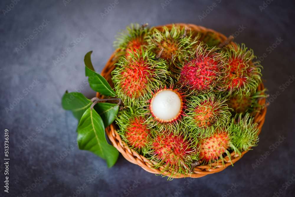Fresh and ripe rambutan sweet tropical fruit peeled rambutan with leaf ...