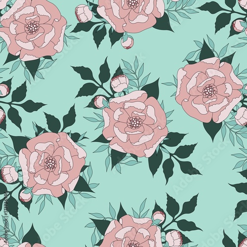 Delicate pink peonies on a light blue background. Seamless vector pattern with branches and flowers. Cute peonies flowers with leaves. photo