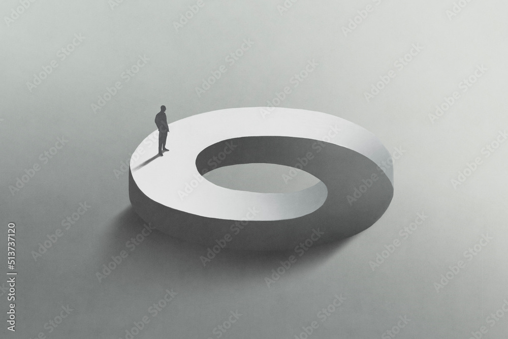 Illustration of man walking on surreal futuristic circle, abstract endless path concept - obrazy, fototapety, plakaty 
