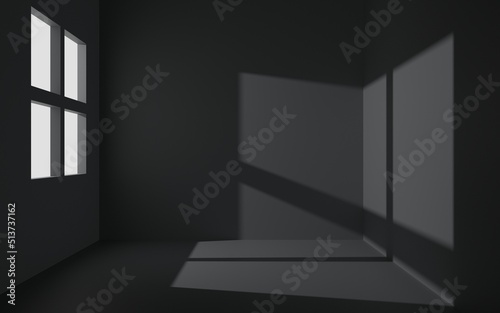 3D Rendering dark empty room. a room with minimal light, with light from the window