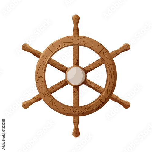 Wooden rudder, ship steering wheel. Vector illustration on isolated background in cartoon nautical style. Marine equipment for sailor, seafarer. For sticker, banner, poster, website.