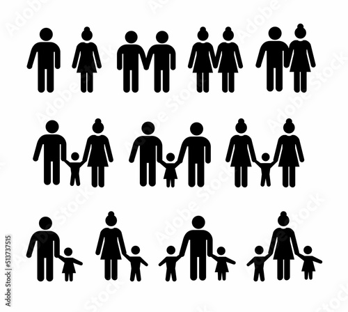 Stick people in different poses isolated on white background. Set of different types of families. Human figures icons. Vector stock