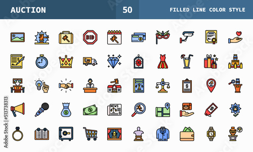 Auction icons set with line color style. Icon hammer, price, bidding, judge, painting, deal and more. Can be used for digital product, presentation, print design and more.