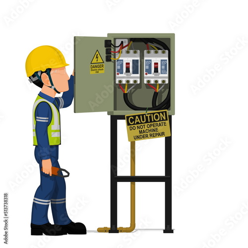 An industrial worker with electrical cabinet on white background