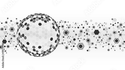 Halftone vector background frame for logos, icons. Texture of hexagon connection. Symbol of sphere of destroyed cells, honeycomb. Digital network. Poster for technology, business, science.