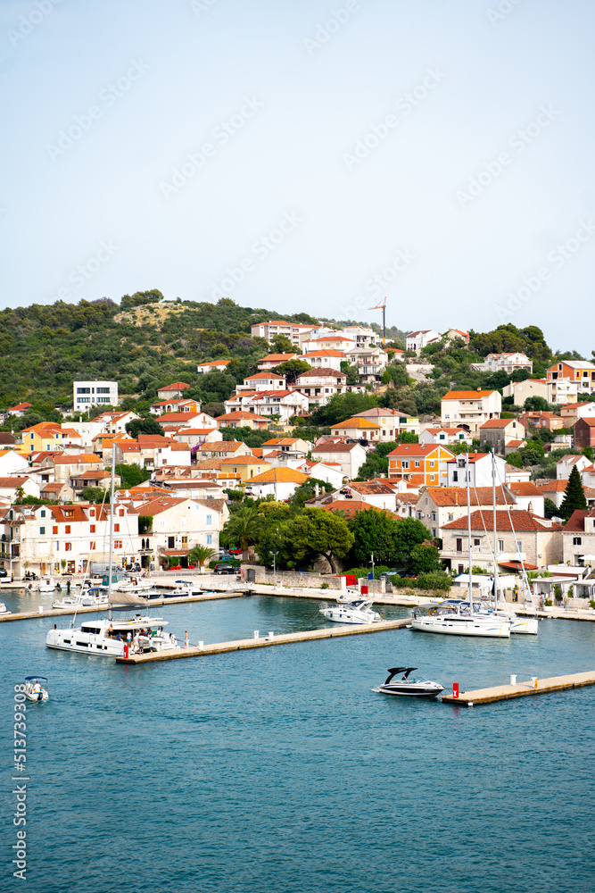 Morning harbour with boats and yacht in Trogir, Croatia