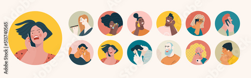 People portrait - Avatars, Talking on the phone -Modern flat vector concept illustration of talking on the phone people, face portraits, round user avatars. Creative landing web page template