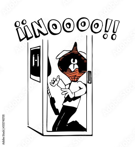 Distressed man shouting with his face red inside a telephone booth. Funny cartoon style vector illustration.