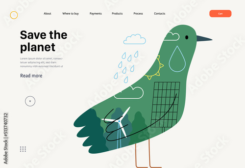 Ecology - Earth day -Modern flat vector concept illustration of a bird filled with ecological symbols of sustainable energy and plants. Creative landing web page template