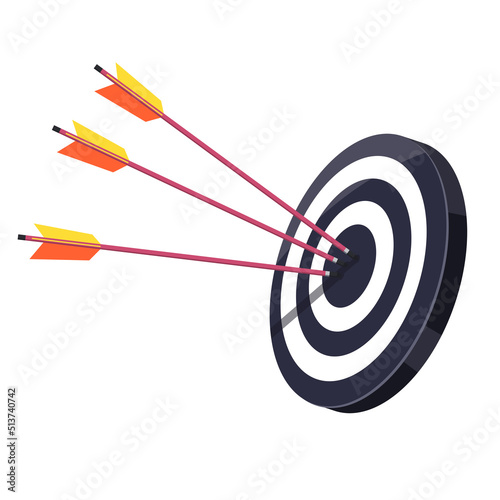 Three arrows stuck in a black and white target. Isolated on white background. The concept of hitting right on target