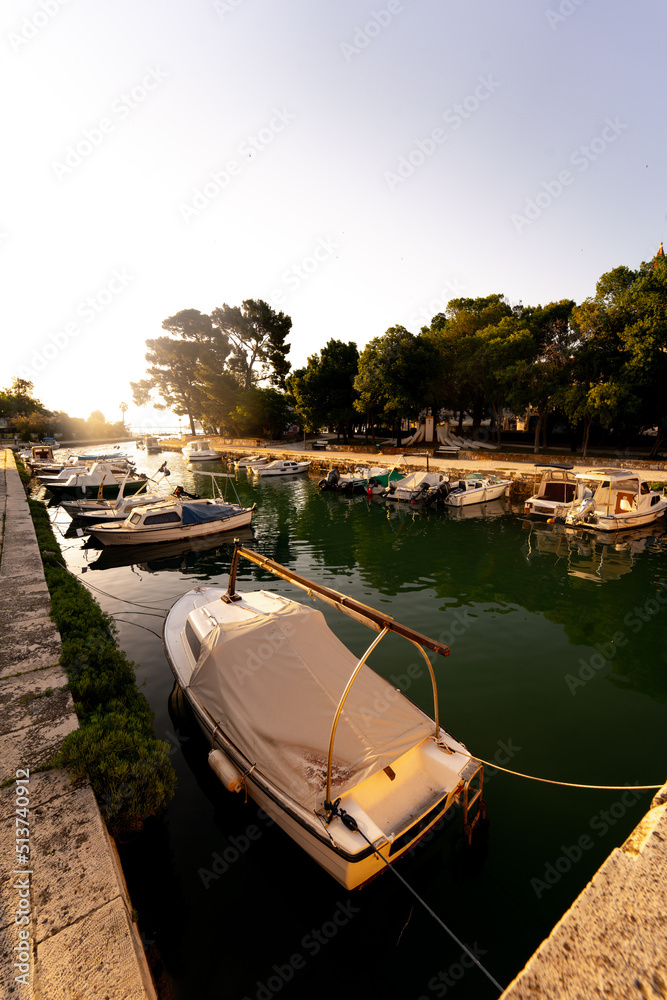 Naklejka premium Morning harbour with boats and yacht in Trogir, Croatia