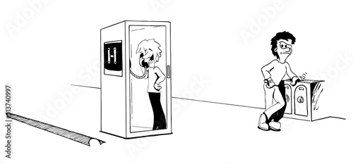 Angry impatient man waiting for another man talking by phone inside an old telephone booth. Black and white hand drawn style funny vector illustration.