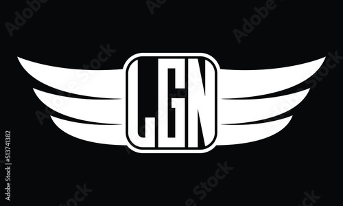 LGN three Letter Wings Flying Initial wing symbol minimalist creative concept flag icon professional logo design Vector template with abstract black and white tattoo photo